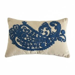 Magaschoni Throw Pillow Cover 18x11 Beige Linen Blue Embroidered Paisley Decor